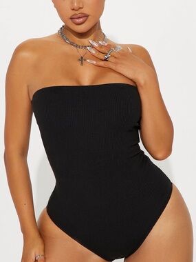 Fashion Nova Strapless Ribbed One-Piece Bodysuit - Black